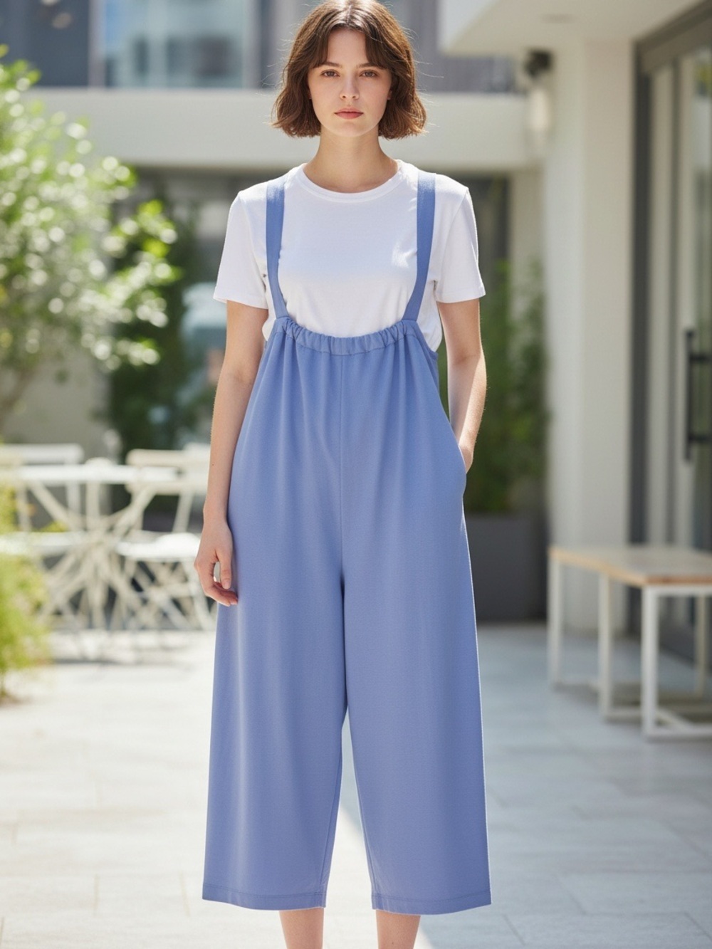 Women’s Casual Cropped Wide-Leg Overall/Jumpsuit Ties In Back Blue Size-S NIB